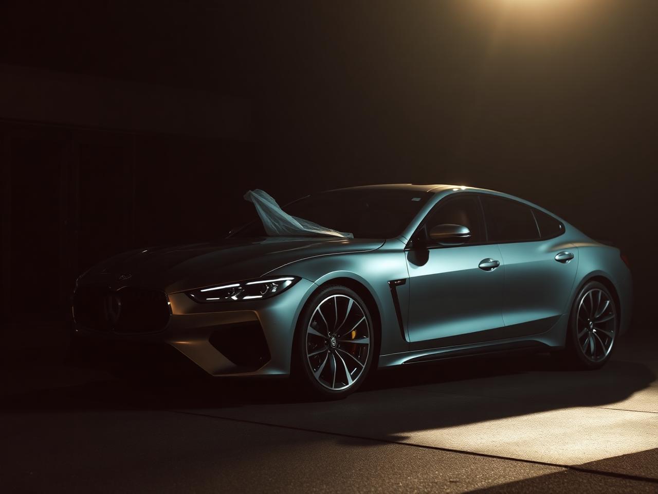Silver luxury sedan in dramatic golden hour lighting